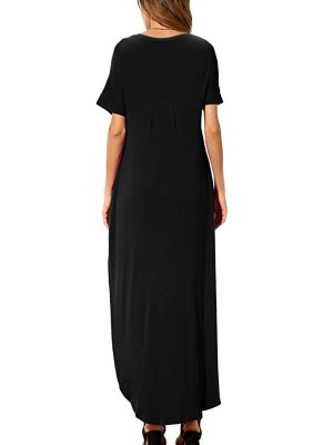 Women's Summer Maxi Dress Casual Loose Pockets Long Dress Short Sleeve Split Maxi Dresses
