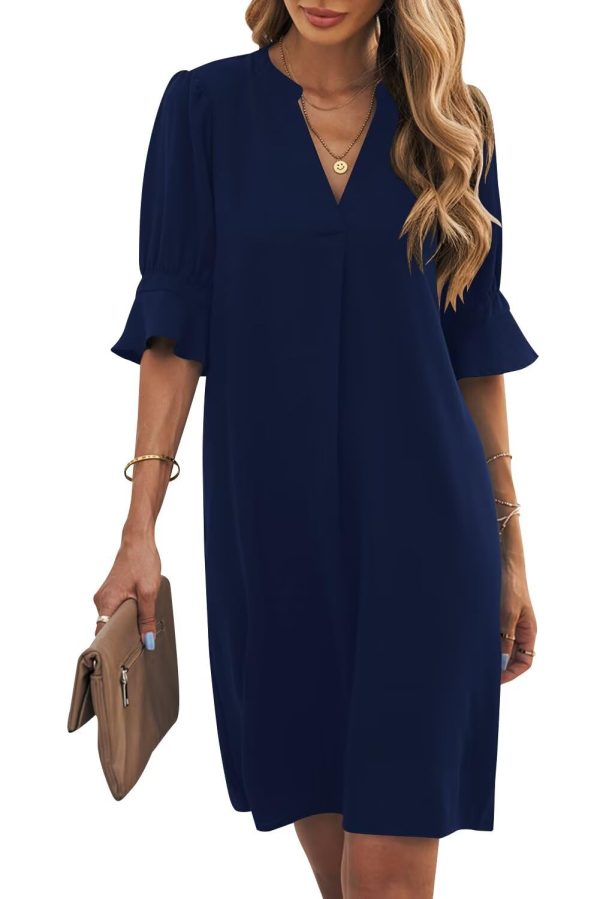 Shift Dress for Women V Neck Short Sleeves Solid Color Casual Flowy Summer Dresses(S-2XL)
