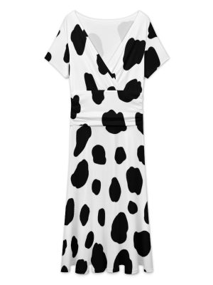 Dalmatian Print Women's Midi Dress Short Sleeve Dresses V Neck Sundress Casual Summer