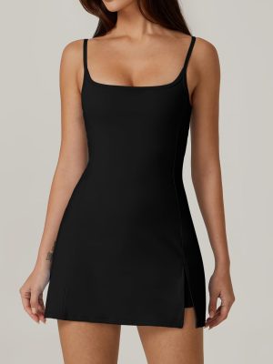 Womens Spaghetti Strap Tennis Dress with Shorts Workout Side Slit Active Golf Dresses