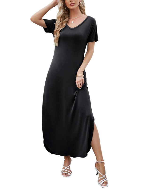 Women's Summer Maxi Dress Casual Loose Pockets Long Dress Short Sleeve Split Maxi Dresses