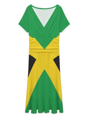 Jamaican Flag Women's Midi Dress Short Sleeve Dresses V Neck Sundress Casual Summer