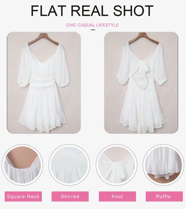 Womens Summer Dresses Square Neck Tie Back Lantern Sleeve Ruffle A-Line Casual Dress