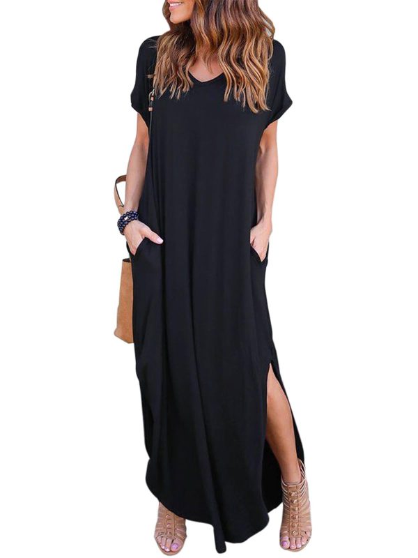 Women's Summer Maxi Dress Casual Loose Pockets Long Dress Short Sleeve Split Maxi Dresses