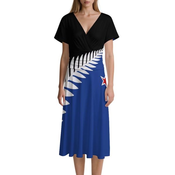 New Zealand New Flag Women's Midi Dress Short Sleeve Dresses V Neck Sundress Casual Summer