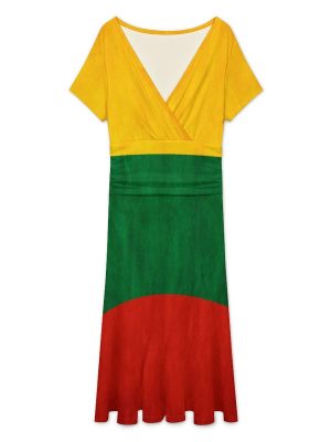Lithuanian Flag Women's Midi Dress Short Sleeve Dresses V Neck Sundress Casual Summer