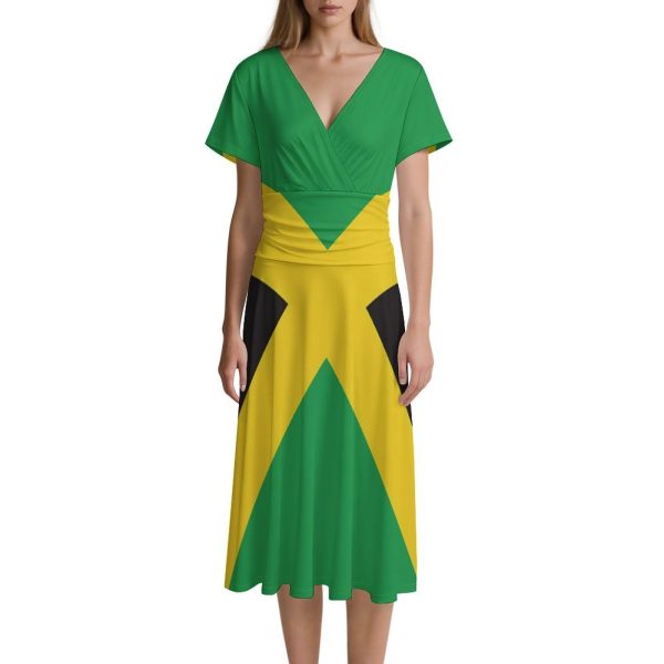Jamaican Flag Women's Midi Dress Short Sleeve Dresses V Neck Sundress Casual Summer
