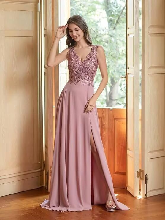 Lace Appliques Chiffon Bridesmaid Dresses 2025 Long Beaded Prom Dress A Line Formal Party Evening Gowns with Slit for Women
