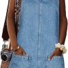Women's Sleeveless Casual Denim Dress Crewneck Vintage Loose Jean Overall Dress with Pockets