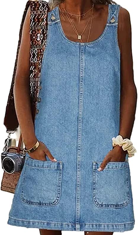 Women's Sleeveless Casual Denim Dress Crewneck Vintage Loose Jean Overall Dress with Pockets