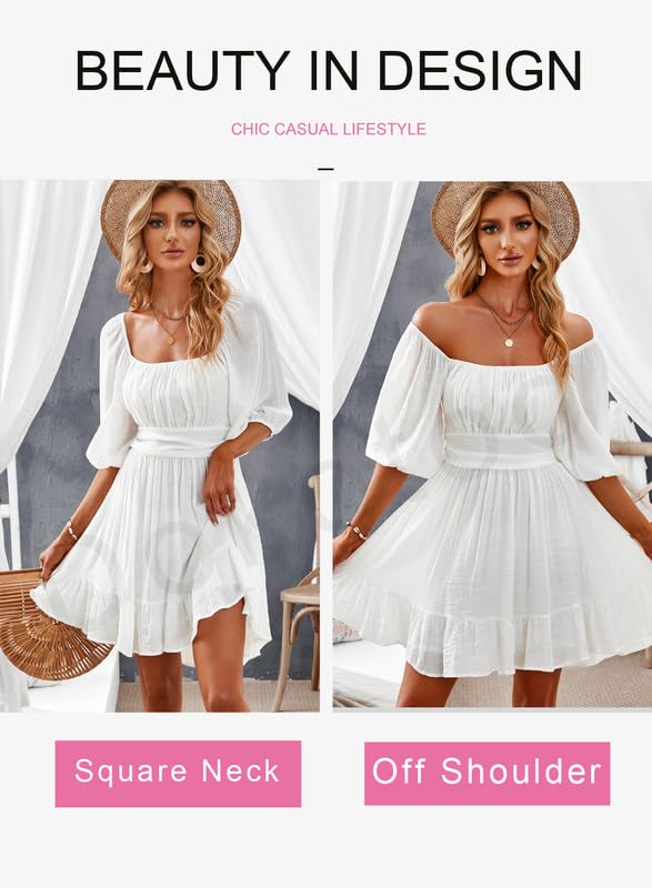 Womens Summer Dresses Square Neck Tie Back Lantern Sleeve Ruffle A-Line Casual Dress