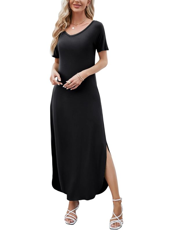 Women's Summer Maxi Dress Casual Loose Pockets Long Dress Short Sleeve Split Maxi Dresses