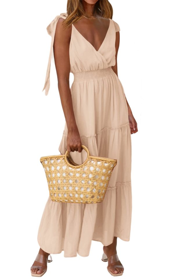 Women's Cross Neck Summer Sleeveless Tiered Maxi Dress Beach Tie Strap Smocked Long Dresses Pleated Sundress