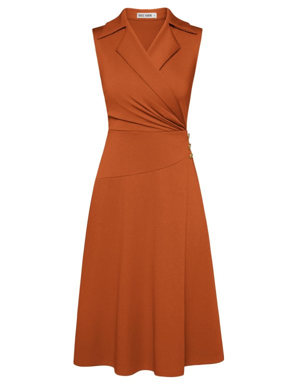 2025 Women's Notch Lapel Ruched Wrap V Neck Business Work Dress Sleeveless A Line Midi Dress