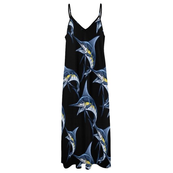 Marlin Fish Maxi Dress for Women Summer Casual Sleeveless V Neck Spaghetti Dresses