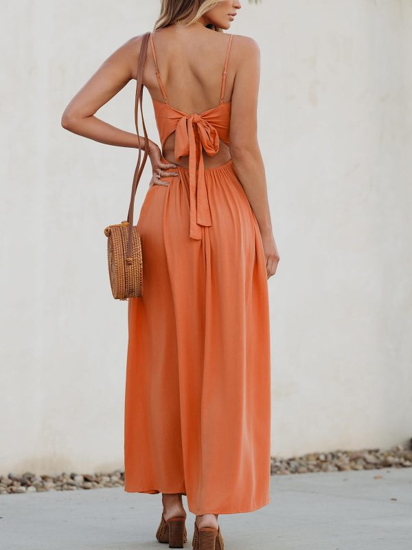 Women Casual Dress Beach Sleeveless V Neck Summer Cutout Spaghetti Straps Formal Maxi Sun Dresses