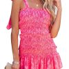 Women's Summer Floral Spaghetti Strap Square Neck Ruffle Tie Mini Smocked Dress