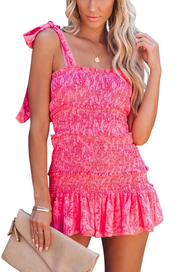 Women's Summer Floral Spaghetti Strap Square Neck Ruffle Tie Mini Smocked Dress