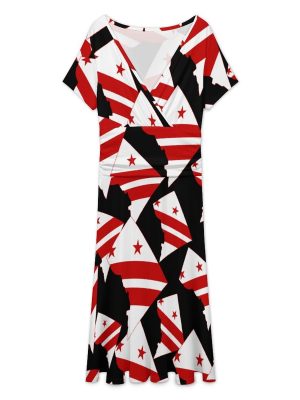 Flag Map of Washington DC Women's Midi Dress Short Sleeve Dresses V Neck Sundress Casual Summer