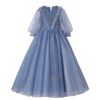 Spring and Summer Children's New Blue mid-Length-Sleeved Evening Dress,Girls' mesh Piano Princess Dress. (Blue Gray, xx_l)