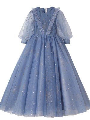 Spring and Summer Children's New Blue mid-Length-Sleeved Evening Dress,Girls' mesh Piano Princess Dress. (Blue Gray, xx_l)