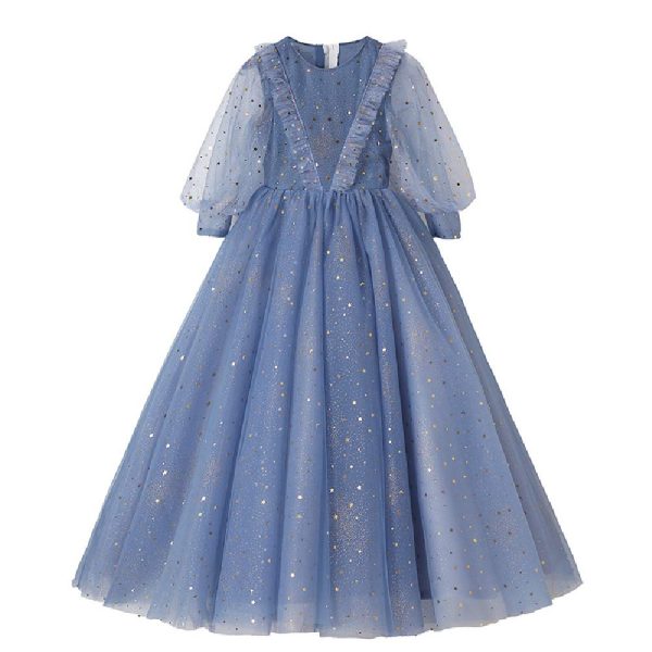 Spring and Summer Children's New Blue mid-Length-Sleeved Evening Dress,Girls' mesh Piano Princess Dress. (Blue Gray, xx_l)