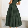 Women's 2025 Summer Casual Midi Dress Puffy Short Sleeve Square Neck Smocked Tiered Ruffle Dresses