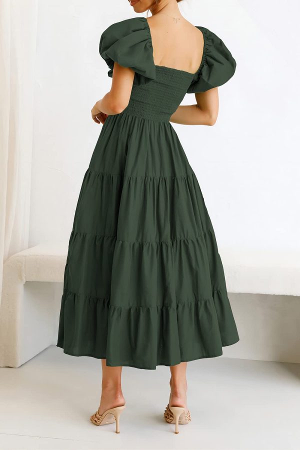 Women's 2025 Summer Casual Midi Dress Puffy Short Sleeve Square Neck Smocked Tiered Ruffle Dresses