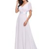 Women's Classic Chiffon Short Sleeve Pleated V-Neck Floor Length Bridesmaid Dresses 09890