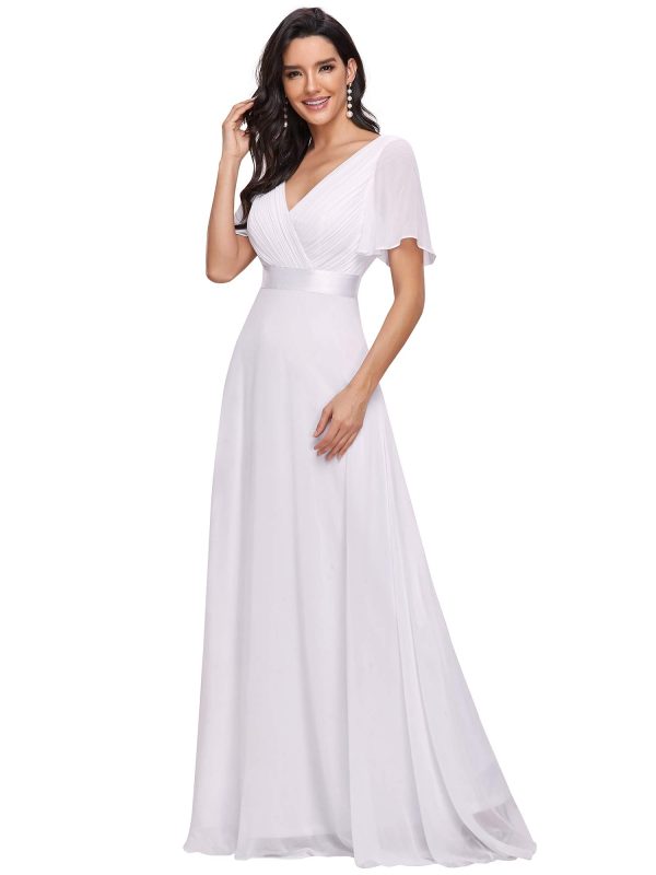Women's Classic Chiffon Short Sleeve Pleated V-Neck Floor Length Bridesmaid Dresses 09890