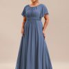 Women's Summer Round Neck A Line Pleated Chiffon Short Sleeves Plus Size Formal Gowns Bridesmaid Dresses