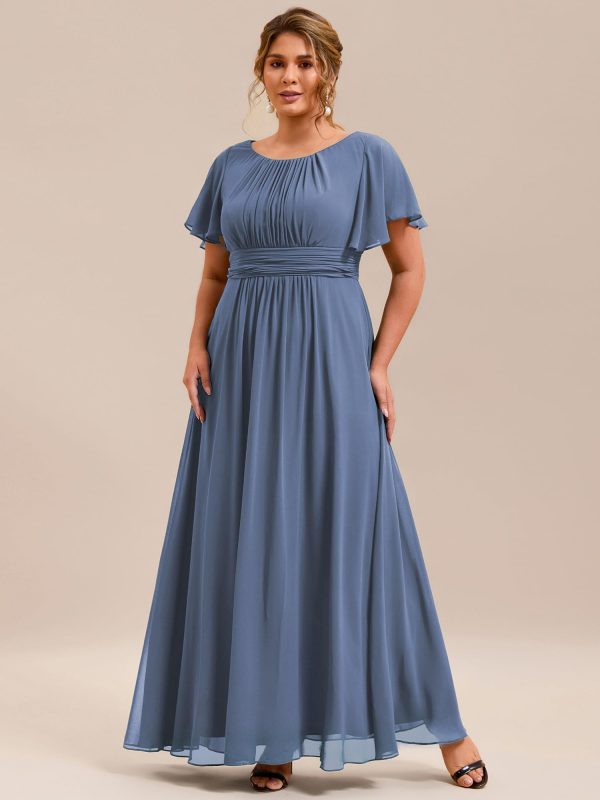 Women's Summer Round Neck A Line Pleated Chiffon Short Sleeves Plus Size Formal Gowns Bridesmaid Dresses