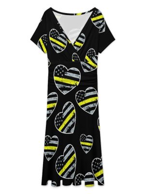 911 Dispatcher Thin Gold Line Women's Midi Dress Short Sleeve Dresses V Neck Sundress Casual Summer