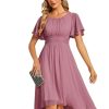 Women's Chiffon Crew Neck Pleated Waist Short Sleeve Wedding Guest Dress 02053