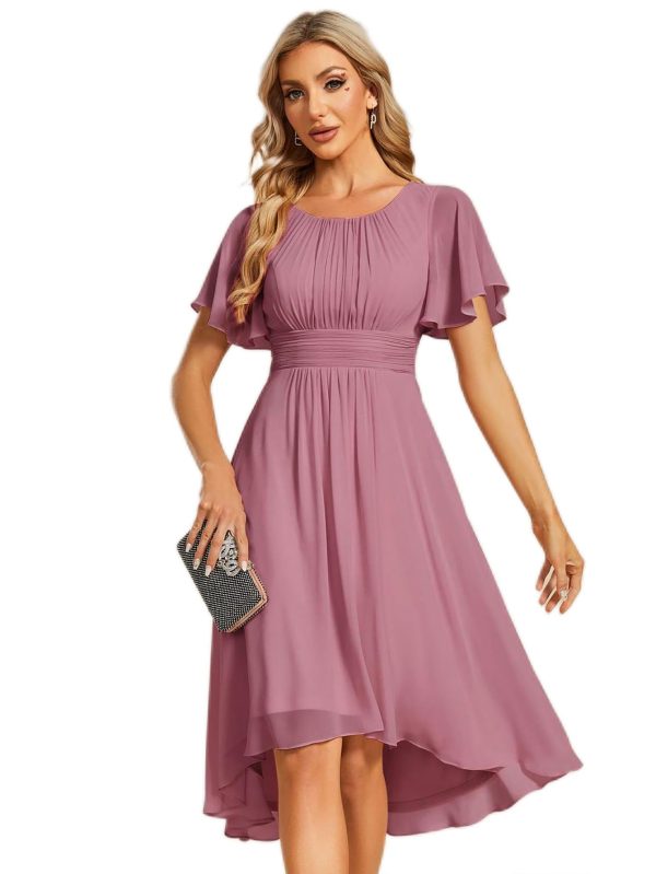 Women's Chiffon Crew Neck Pleated Waist Short Sleeve Wedding Guest Dress 02053
