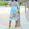 Lapel Three-Quarter Sleeve Knee Length Pleated Floral Women's Sheath Dress