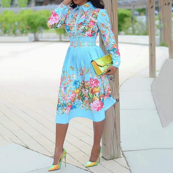 Lapel Three-Quarter Sleeve Knee Length Pleated Floral Women's Sheath Dress