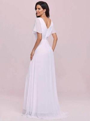 Women's Classic Chiffon Short Sleeve Pleated V-Neck Floor Length Bridesmaid Dresses 09890