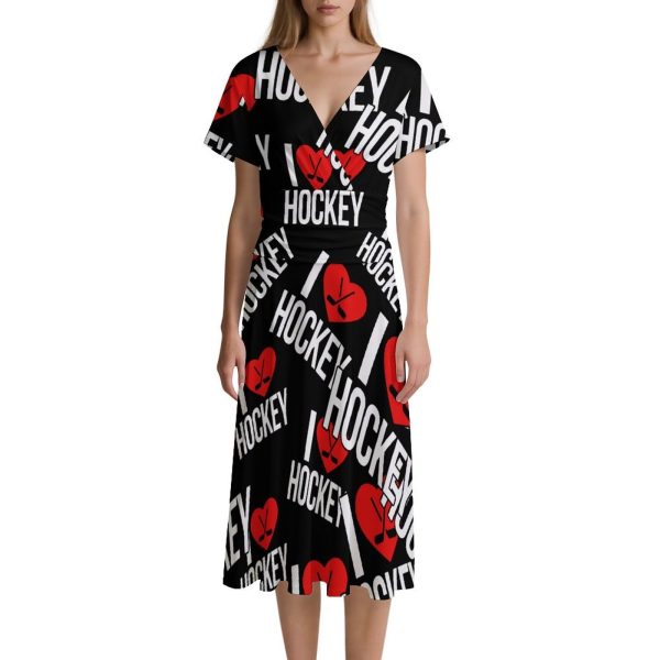 I Love Hockey Women's Midi Dress Short Sleeve Dresses V Neck Sundress Casual Summer