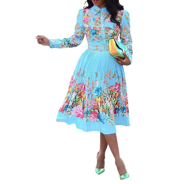 Lapel Three-Quarter Sleeve Knee Length Pleated Floral Women's Sheath Dress