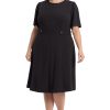Women's Knit Eyelet Short Sleeve Crepe Inset Waist Midi with Button Detail