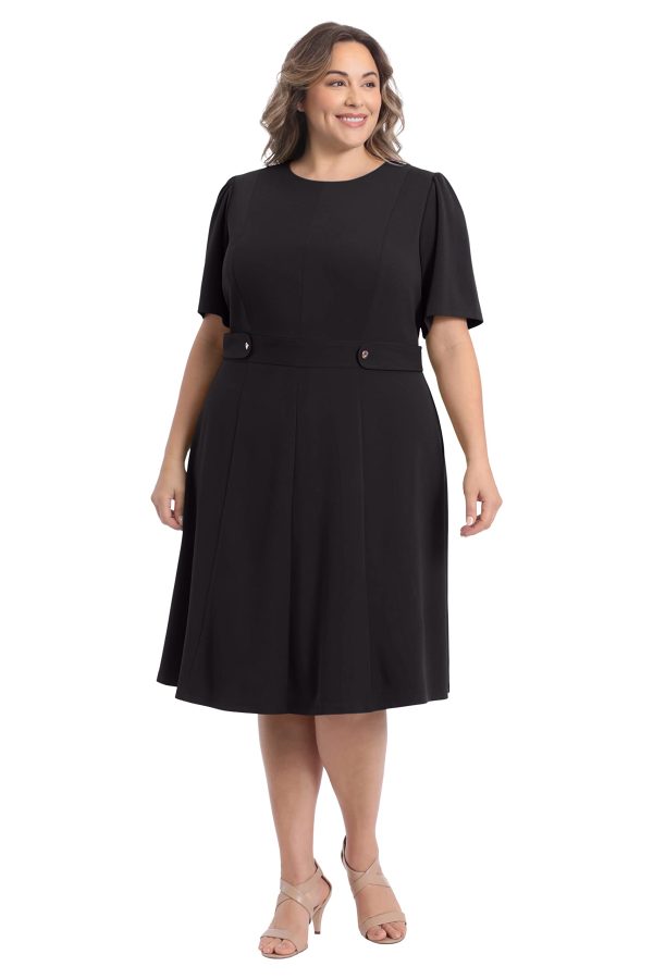 Women's Knit Eyelet Short Sleeve Crepe Inset Waist Midi with Button Detail