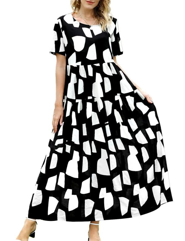 Women Casual Loose Bohemian Floral Dress with Pockets Short Sleeve Long Maxi Summer Beach Swing Dress EJF