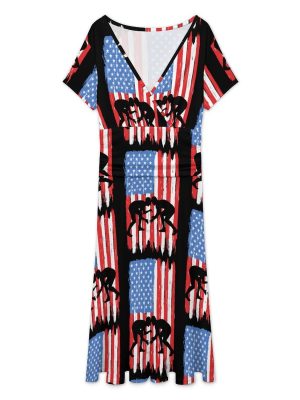 U.S.A. Wrestling Flag Women's Midi Dress Short Sleeve Dresses V Neck Sundress Casual Summer