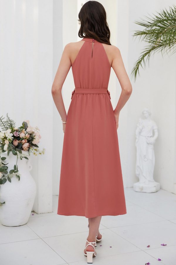 Women's 2024 Summer Sleeveless Halter Neck Ruffle Hem Split Flowy Swing Long Midi Dress with Belt
