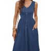 Women Summer Dresses Sleeveless Casual Loose Swing Button Down Midi Dress with Pockets