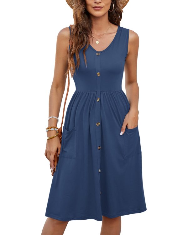 Women Summer Dresses Sleeveless Casual Loose Swing Button Down Midi Dress with Pockets
