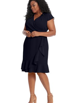 Women's Feminine Ageless Surplice V-Neck Faux Wrap Ruffle Dress Office Event Shower Guest of