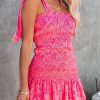 Women's Summer Floral Spaghetti Strap Square Neck Ruffle Tie Mini Smocked Dress