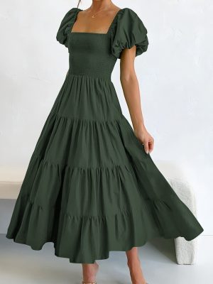 Women's 2025 Summer Casual Midi Dress Puffy Short Sleeve Square Neck Smocked Tiered Ruffle Dresses